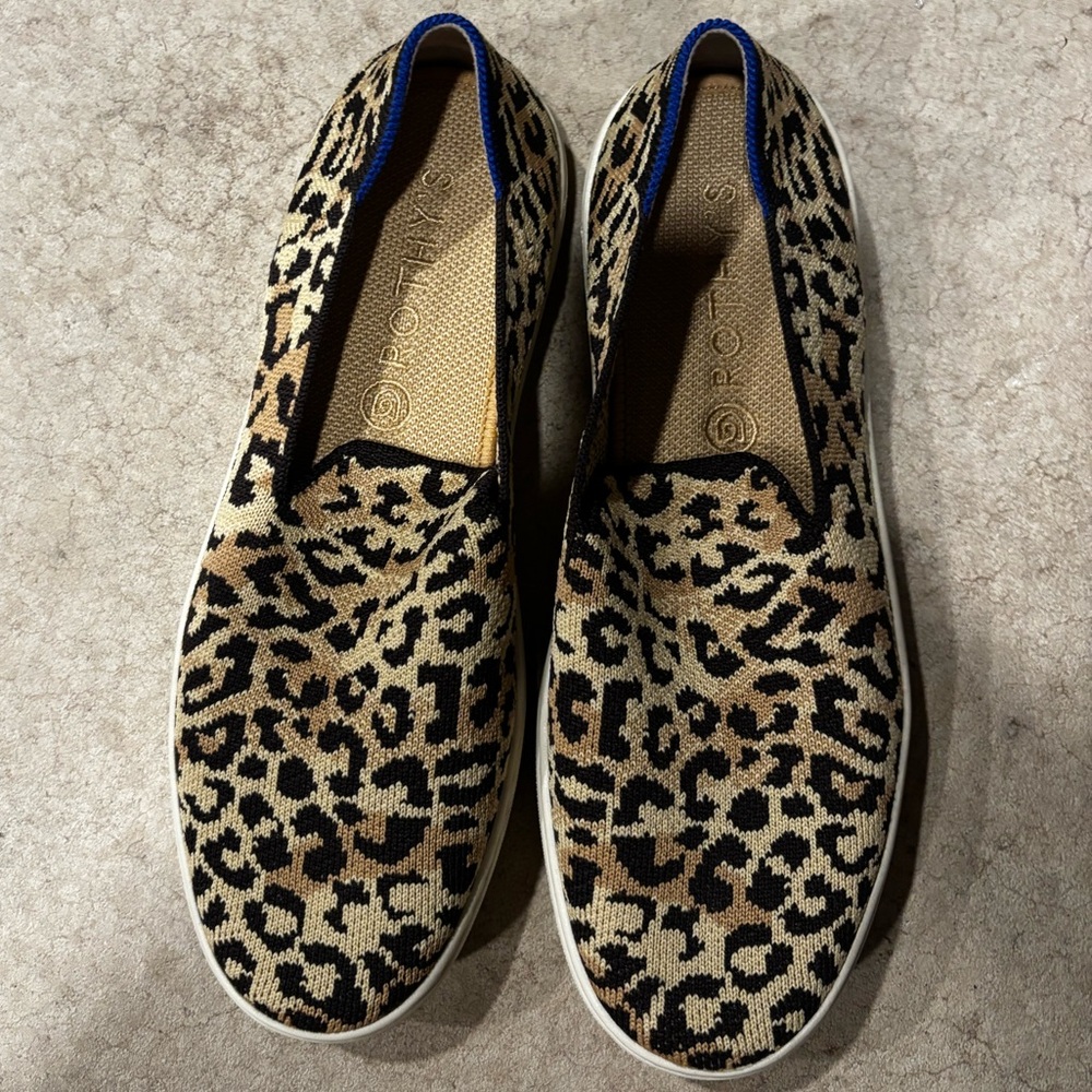Rothy's Tan and Black Leopard Slip-On Sneakers